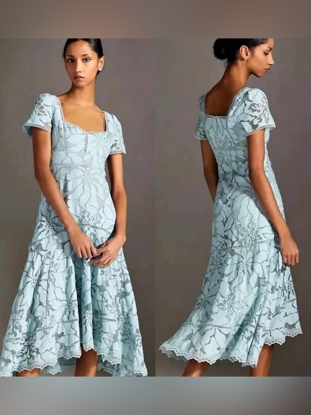 Anthropologie Floral Slim Lace Midi Dress in Blue Size 6